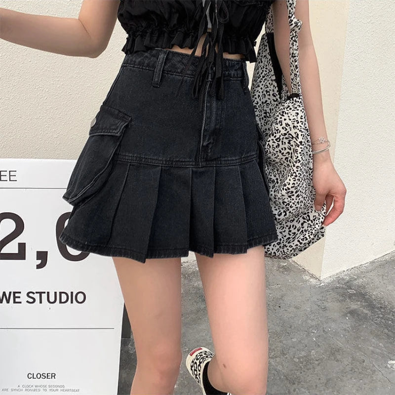 Vintage Pleated Black Y2K Gothic Patchwork A-Line Skirt
