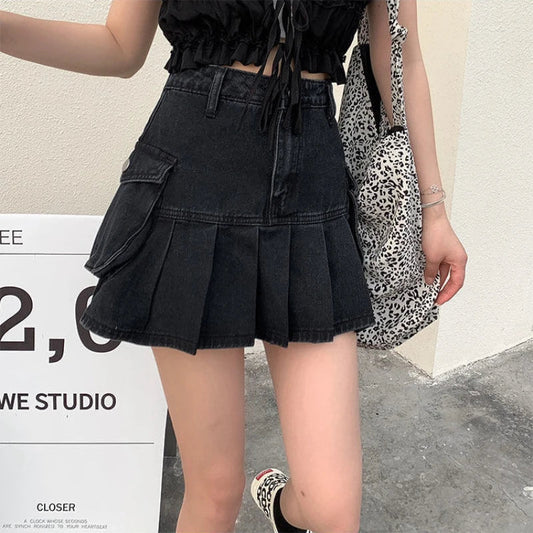 Vintage Pleated Black Y2K Gothic Patchwork A-Line Skirt