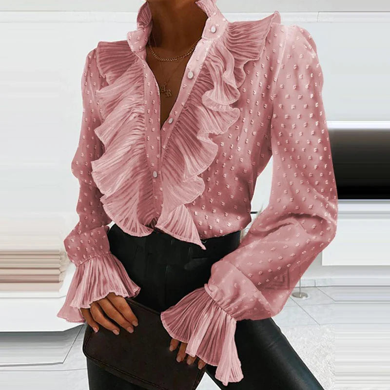 Denim Ruffled V Neck Pleated Blouse Pink / S blouse-250126