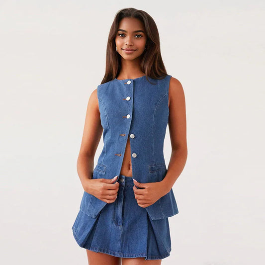 Ärmelloses, zweiteiliges Set aus Denim mit Knöpfen und Büro