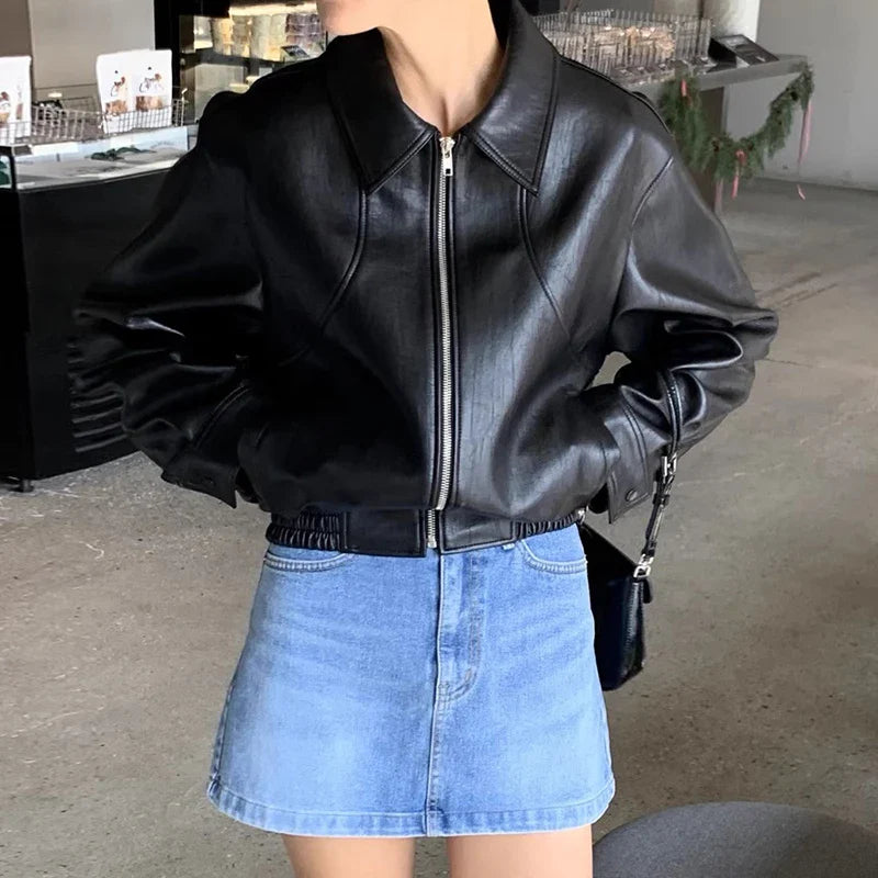 Chic Red Zipper Pu Leather Coat Coats-241208