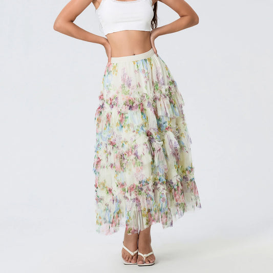 Early Fall Floral Print Ruffle Mesh Skirt Women A-line Midi skirt-250126