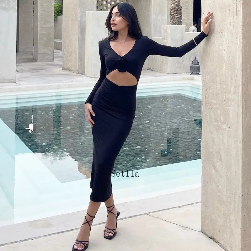 Florale Cut Out Long For Women Sleeve Sexy Midi Dress