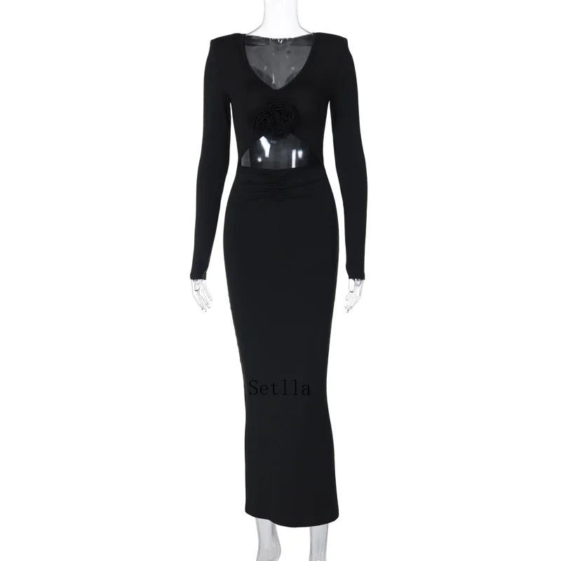 Florale Cut Out Long For Women Sleeve Sexy Midi Dress