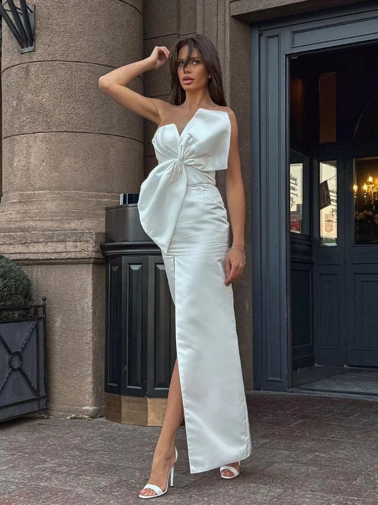 Elegant Large Bow Tie Sling High Slit Chic Off Christmas Party Dress Dresses-L