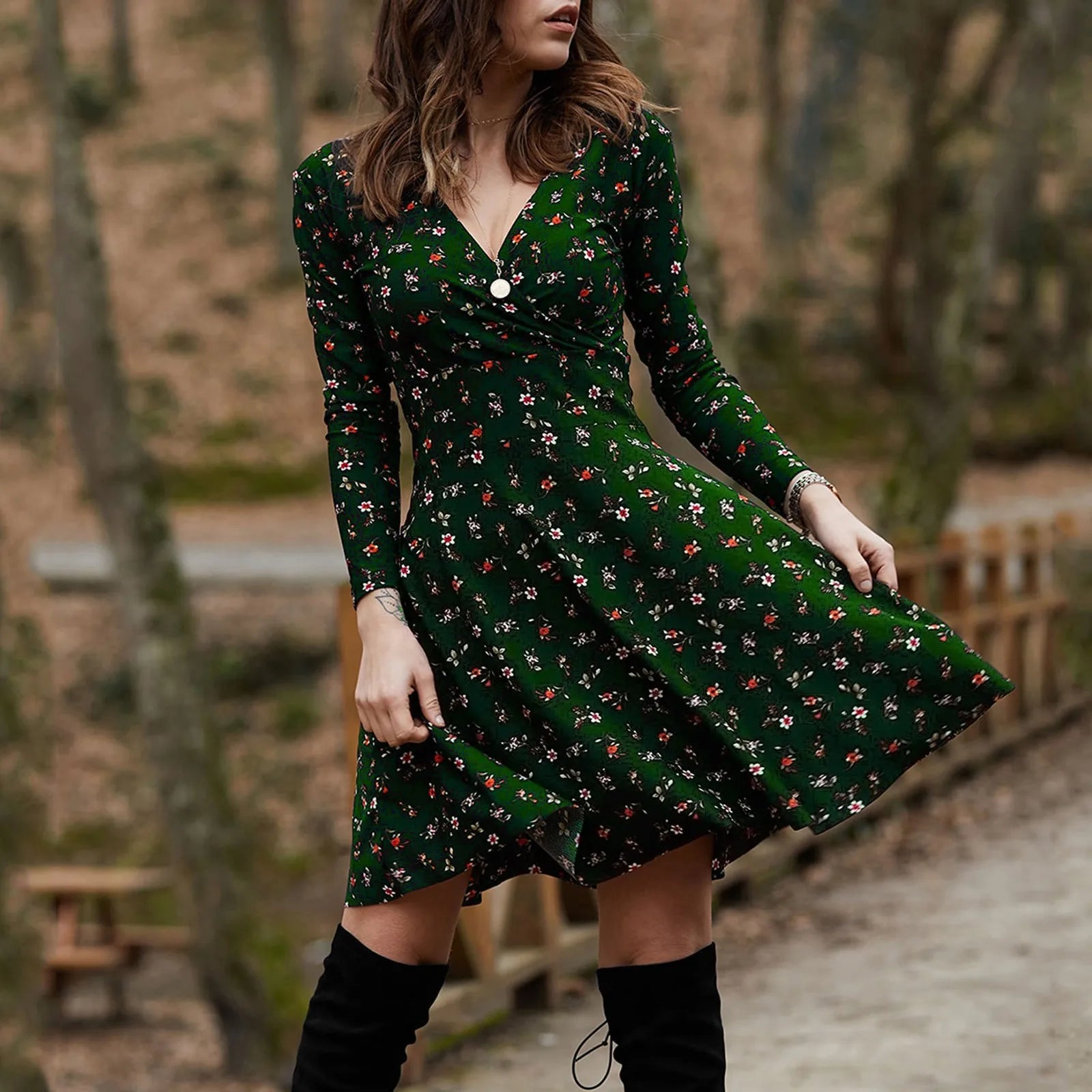 Retro Floral Swing Midi Floral Dress Green / S oldfloraldress-250126