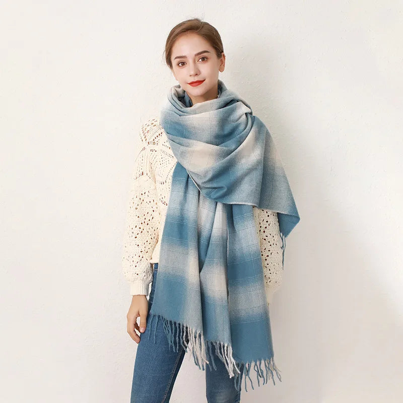 Europe Gradient Plaid Acrylic Cashmere Long Muffler Scarf Blue Green / L200Cm W84Cm Scarfs-L