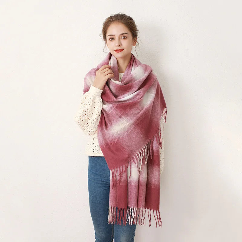 Europe Gradient Plaid Acrylic Cashmere Long Muffler Scarf Wine Red / L200Cm W84Cm Scarfs-L