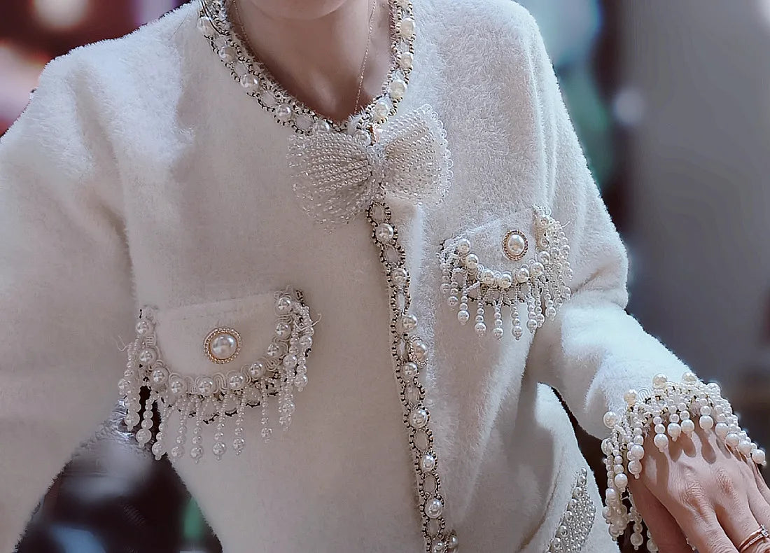 Pearls Tassels Fringed Bow Cardigan Cardigan-241208