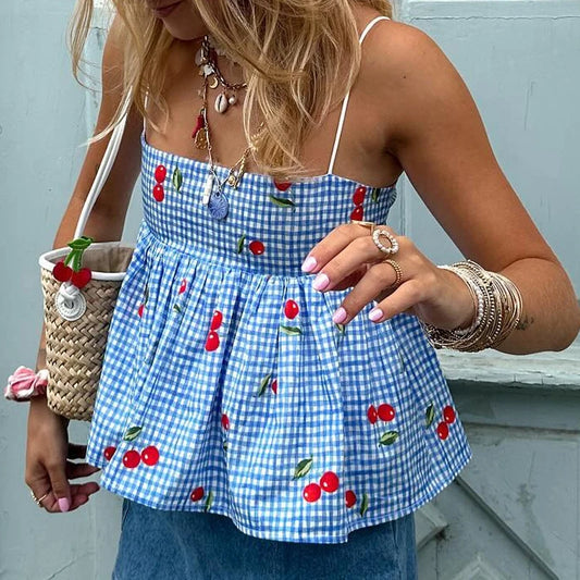 Kirschkariertes Crop-Top mit Schößchen