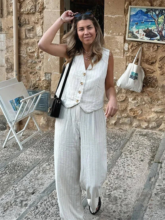 Zweiteiliges Büro-Set aus Baumwollleinen mit weitem Bein und Streifen