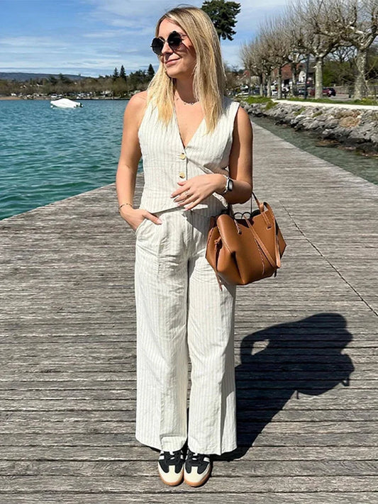 Zweiteiliges Büro-Set aus Baumwollleinen mit weitem Bein und Streifen