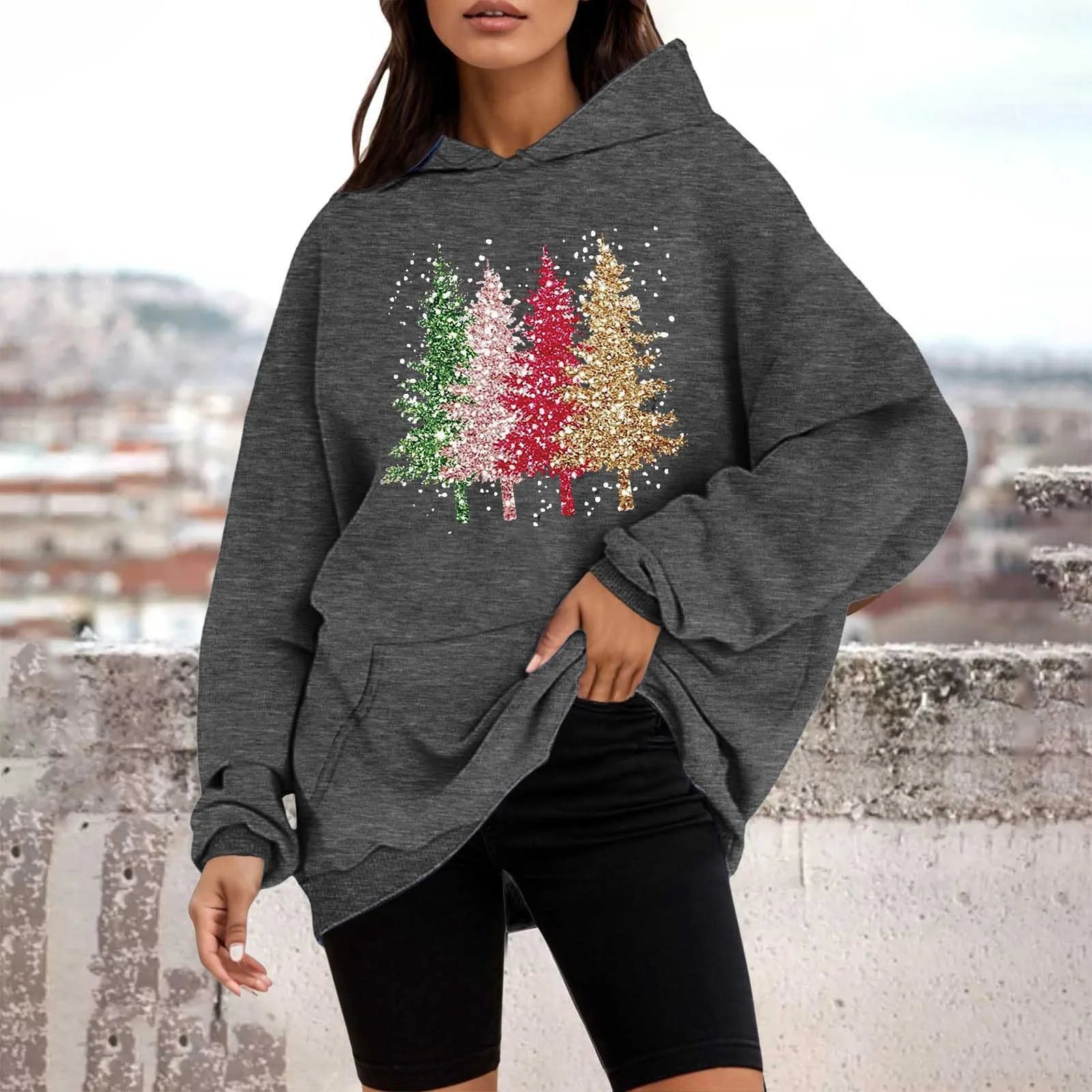 Loose Pullover Four Christmas Tree Crewneck New Autumn Hoodie Hoodies-L