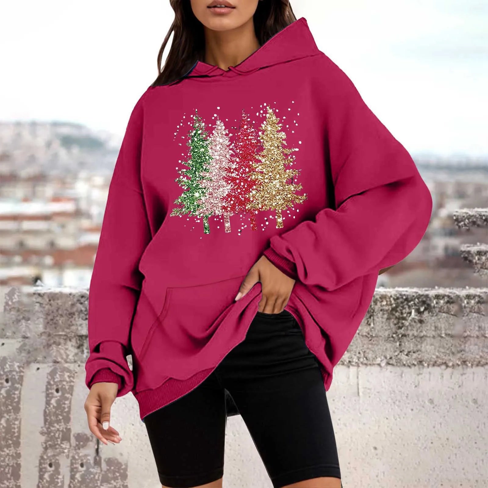 Loose Pullover Four Christmas Tree Crewneck New Autumn Hoodie Hot Pink-A / M Hoodies-L