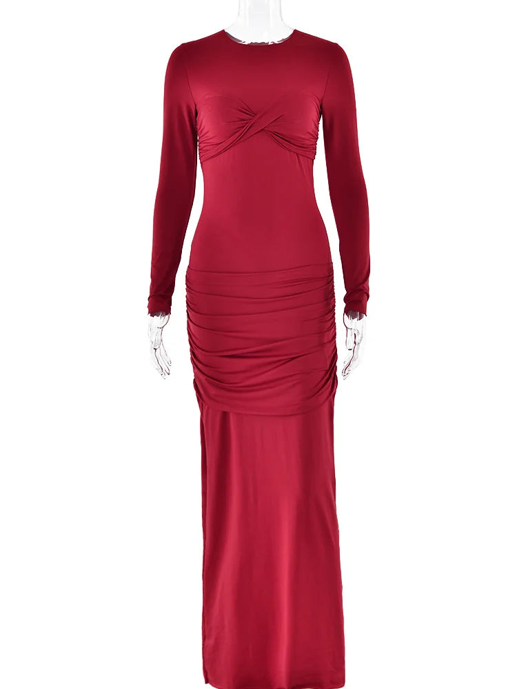 Fashion O-Neck Long Sleeve High Waist Bodycon Red Christmas Party Dress Burgundy / S Dresses-L