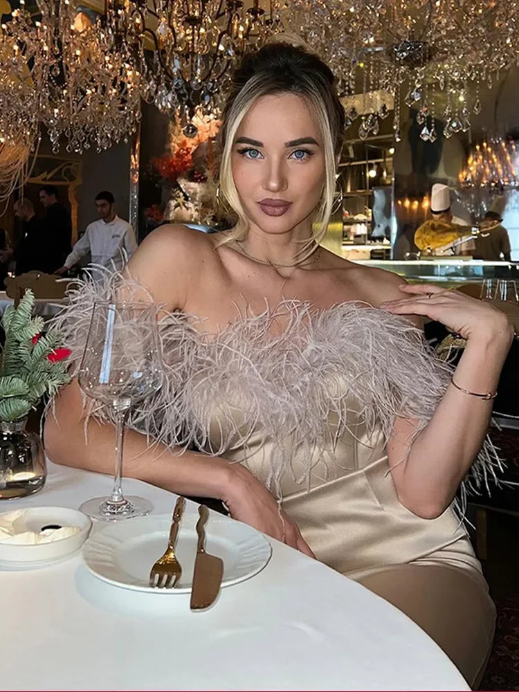 Feather Satin Off-Shoulder Party Dress Partydress-241208