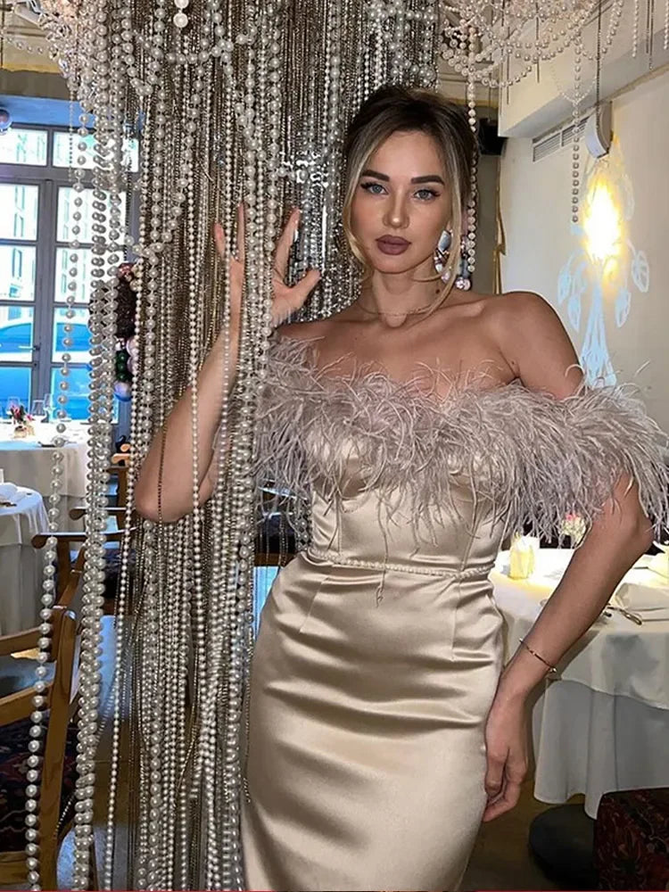 Feather Satin Off-Shoulder Party Dress Partydress-241208