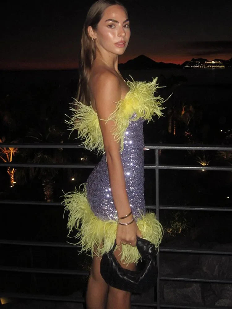 Feather Sequins Bodycon Mini Party Dress Partydress-241208