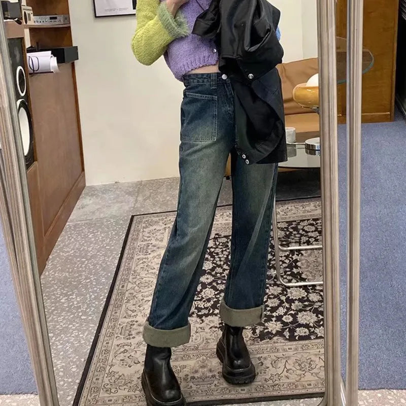 Fashion Straight Women Pant Woman High Waist Denim Pants Wide Leg Clothing Blue Vintage Quality Jean