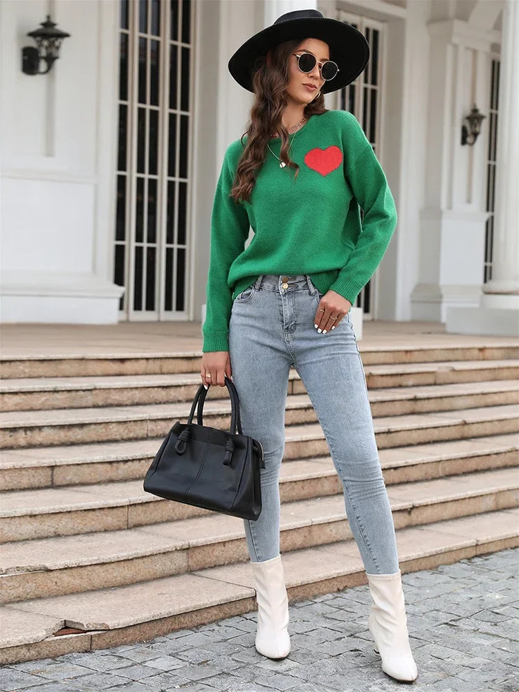 Fitshinling Heart Basic Autumn Winter Long Sleeve Cozy Green Christmas Sweater Sweaters-L