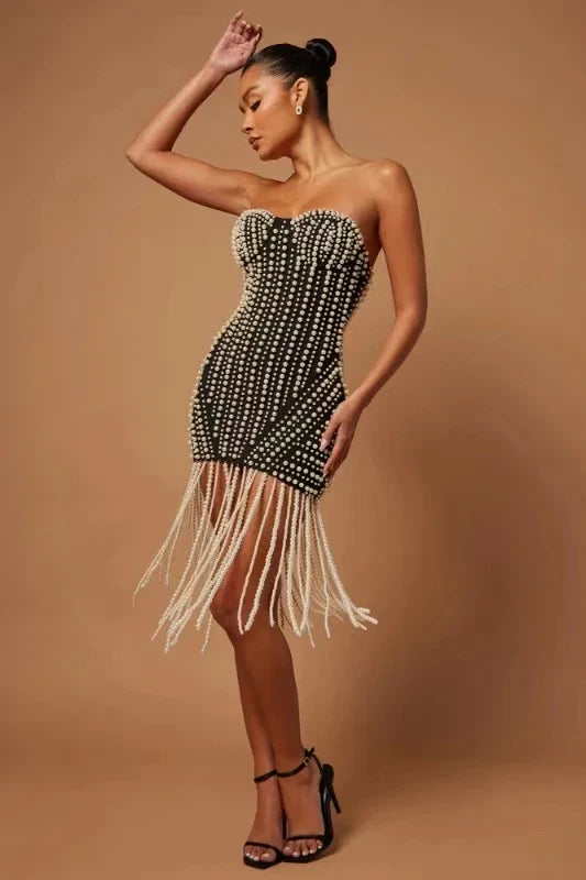 Rhinestone Pearl Bodysuit Party Outfit Black / Xs Partydress-241208