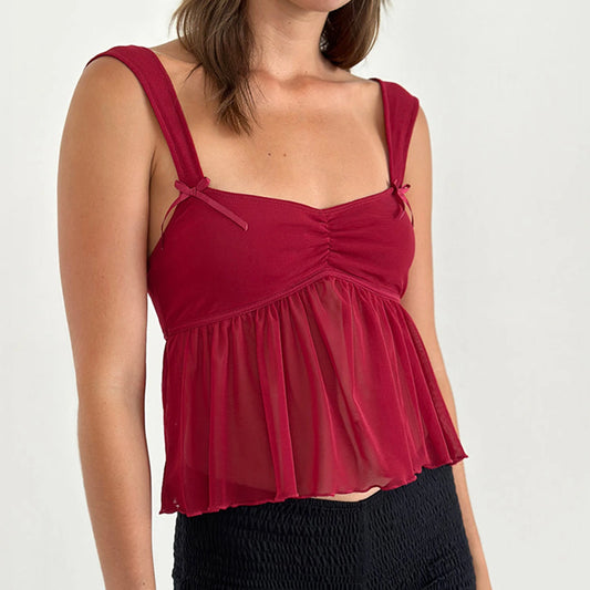 Crop Top aus transparentem Netzstoff mit Rüschensaum