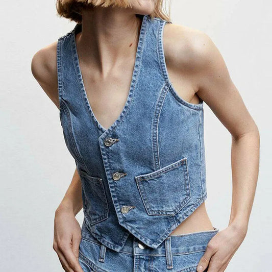 Crop-Top aus Denim mit Knöpfen und V-Ausschnitt
