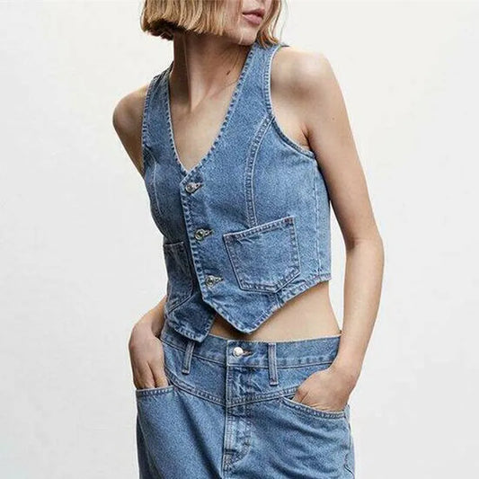 Crop-Top aus Denim mit Knöpfen und V-Ausschnitt