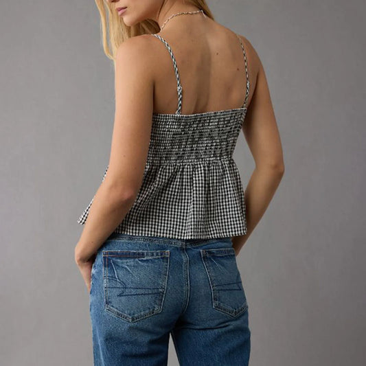 Gesmoktes, kariertes Crop-Top mit Schößchen