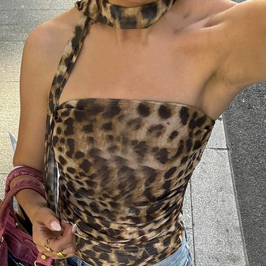 Crop Top mit Leopardenmuster und gerüschtem Schal