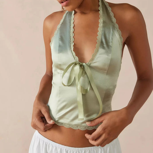 Crop Top aus Satin mit V-Ausschnitt und Schleife
