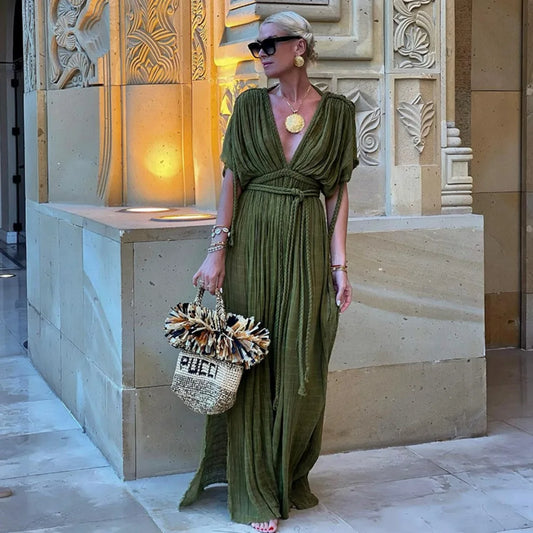 Bohemia Holiday Dress Elegant Solid Casual Loose Long Dresses Summer Christmas Party Dresses-L