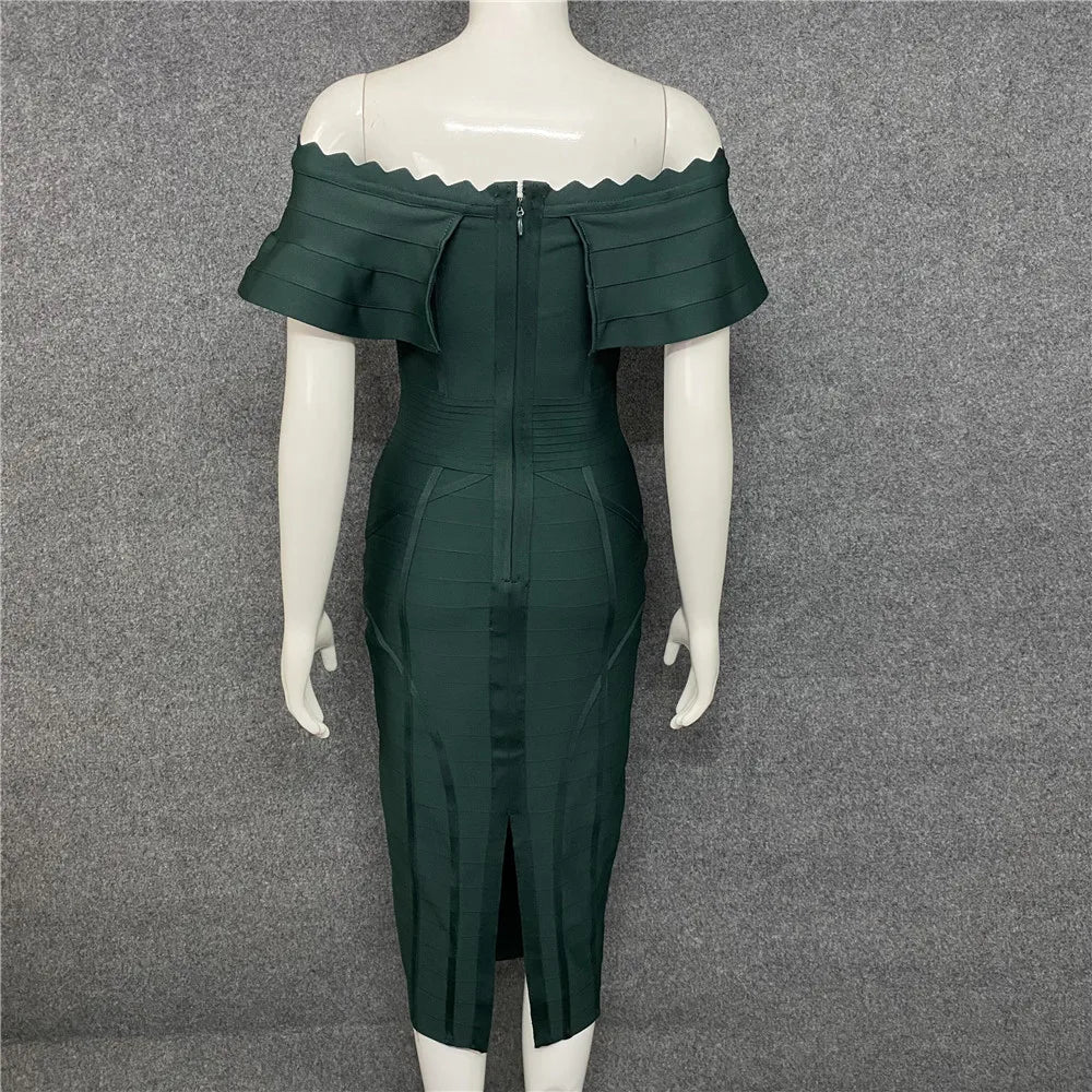 Green Ladies Bandage Dress Ruffles Slash Neck Bodycon Knee-Length Christmas Party Dresses-L