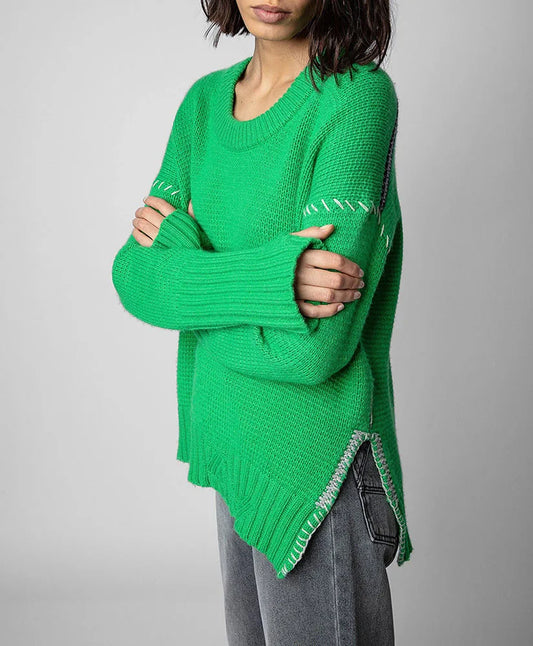 Hand-Woven Loose O-Neck Slit Hem Green Autumn Winter Christmas Sweater Sweaters-L