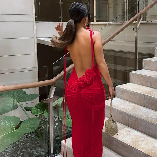 Sexy Floral-Applique Backless Elegant Maxi Christmas Party Dress Dresses-L