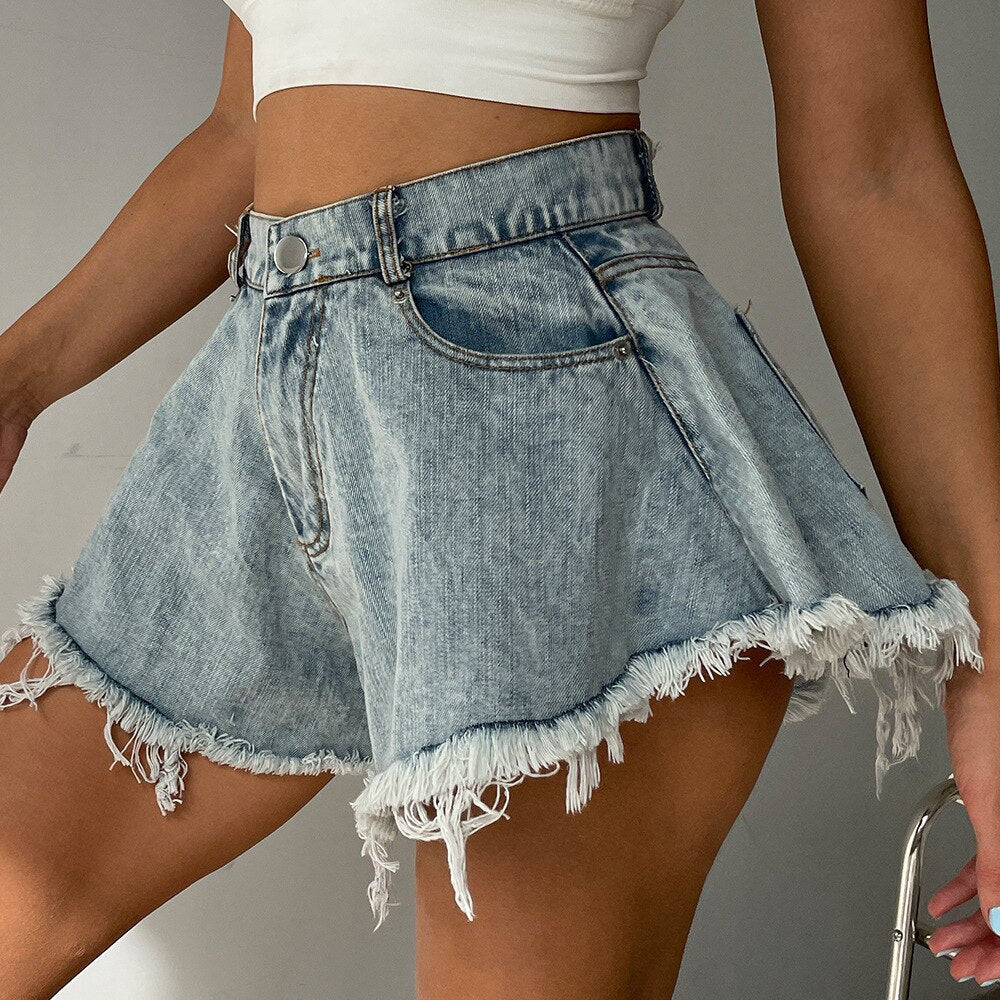 Detail And Tassel Shorts With Holes Sizes Women’s Denim High - Waist S-Xxl