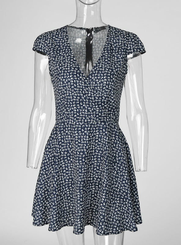 Black Floral Print Short Sleeve Wrap Dress For Women Dresses