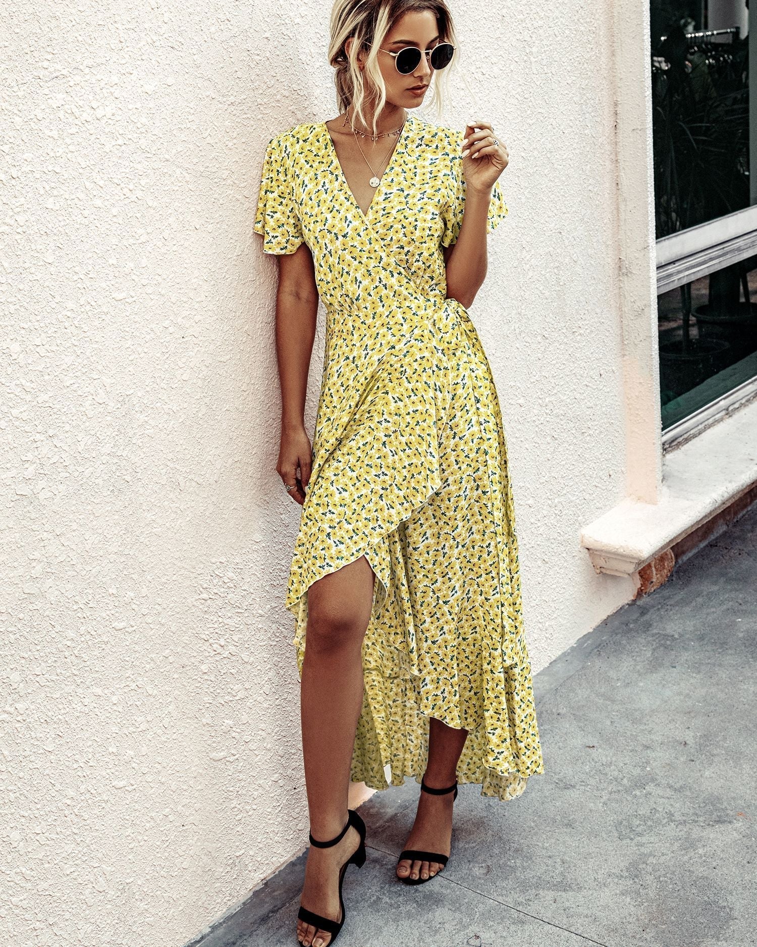 Pink Polka Dot V-Neck Ruffle Short-Sleeved Beach Vacation Summer Dress Dresses