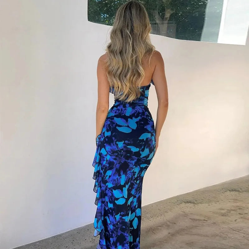 Halter Ruffled Lace-Up Bandaged Printed Split Fashionable Midi Dress