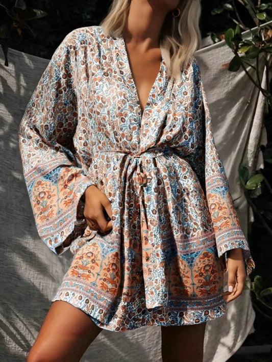 Floral Sashes Boho Kimono Bikini Cover-up Beige / S bohodress-250126