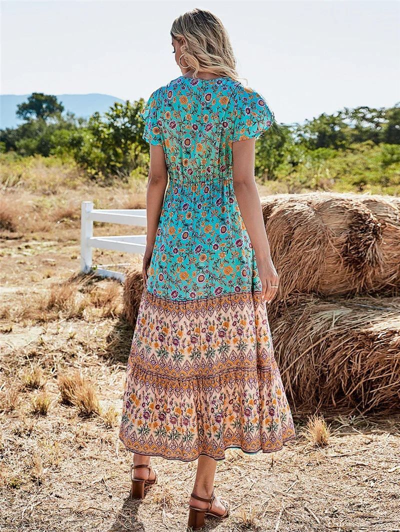 Floral Print Button V-neck Pleated Rayon Beach Maxi Boho Dress bohodress-250126
