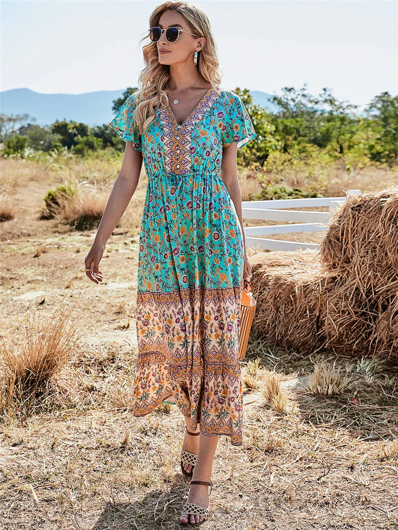 Floral Print Button V-neck Pleated Rayon Beach Maxi Boho Dress GREEN / S bohodress-250126