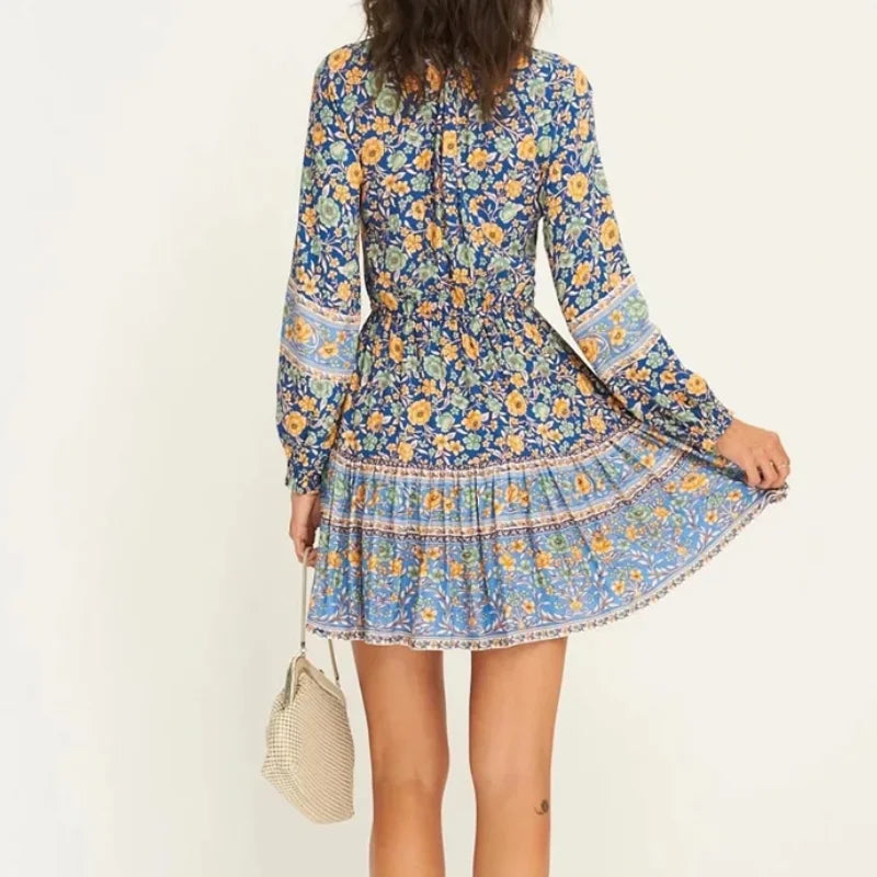 Floral Print Ethnic Long Sleeve V-neck Button Belt Ruffles Mini Boho Dress bohodress-250126