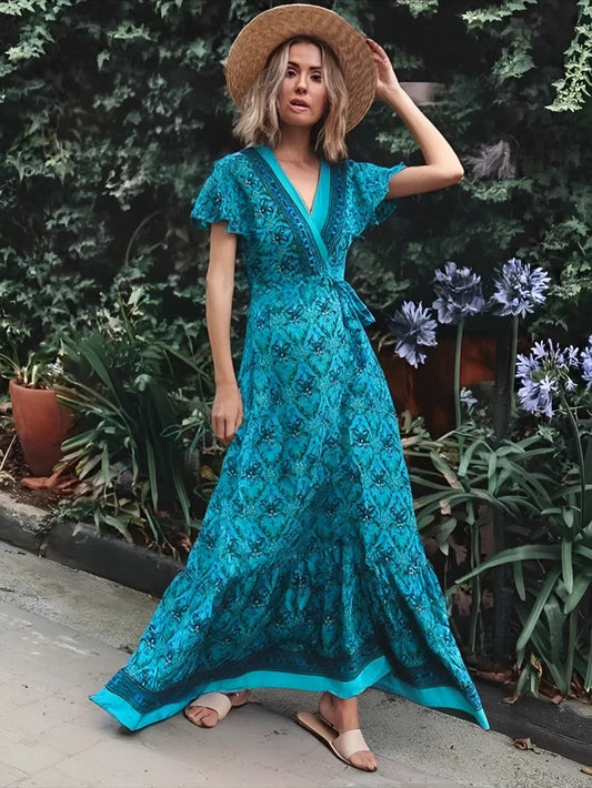 Floral Short Sleeve V-neck Boho Dress Green / S bohodress-250126