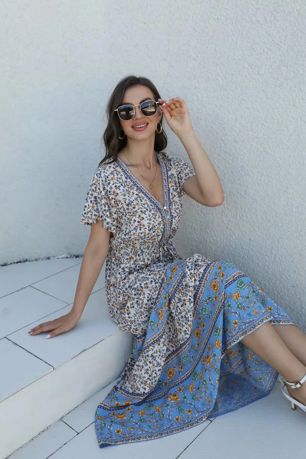 Floral Print Short Sleeve Button Loose Tassel V-neck Maxi Boho Dress bohodress-250126