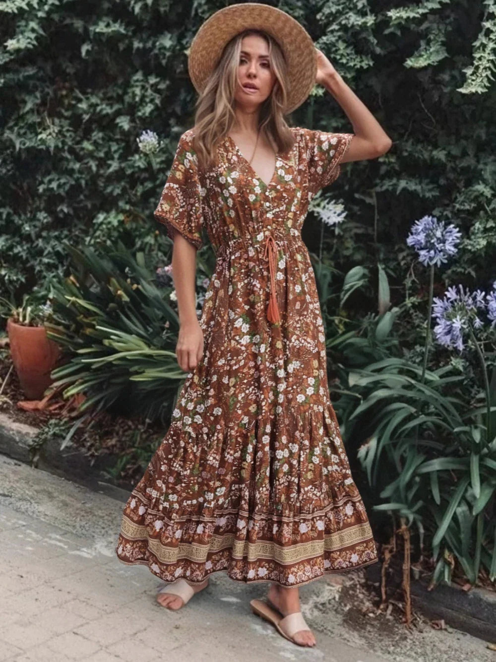 Floral V-neck Rayon Boho Dress Brown / S bohodress-250126