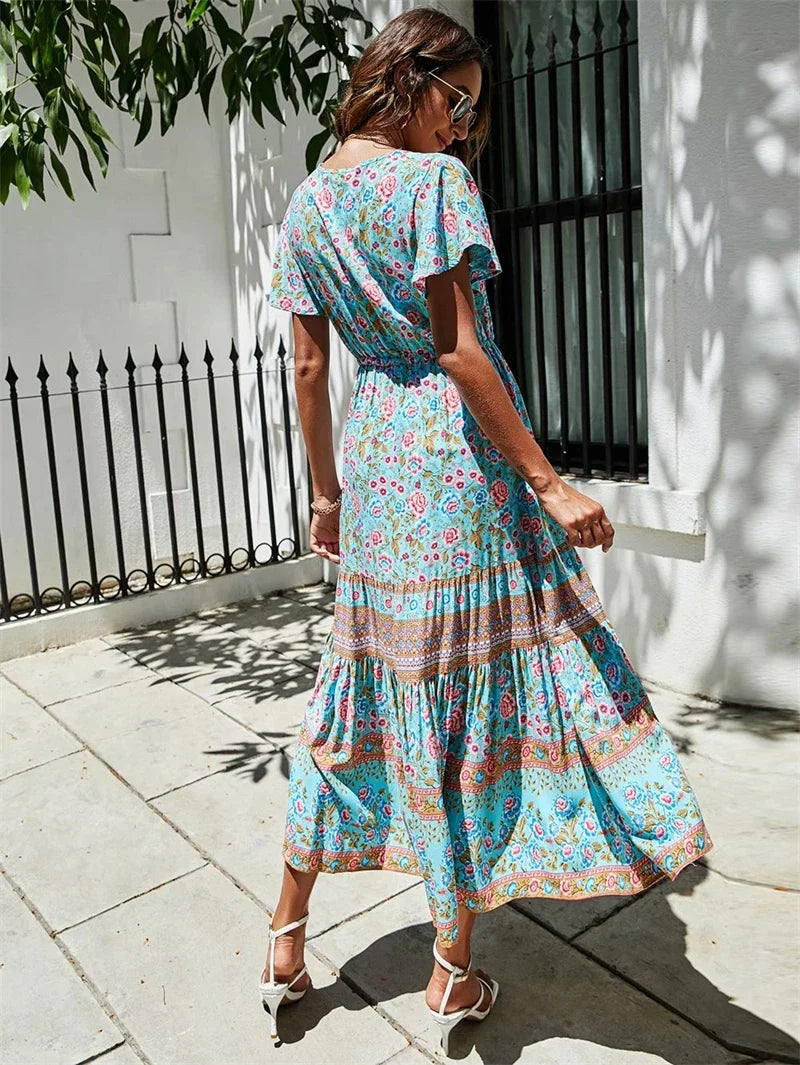 Red Floral Print Bat Sleeve Tassel V-neck Summer Boho Dress bohodress-250126