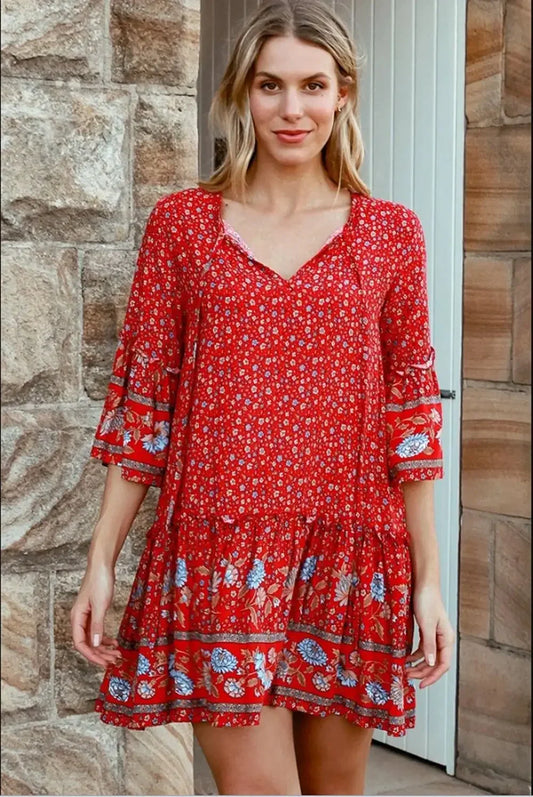 Tie Neck Ruffles Floral Print Rayon Summer Mini Vacation Boho Dress bohodress-250126