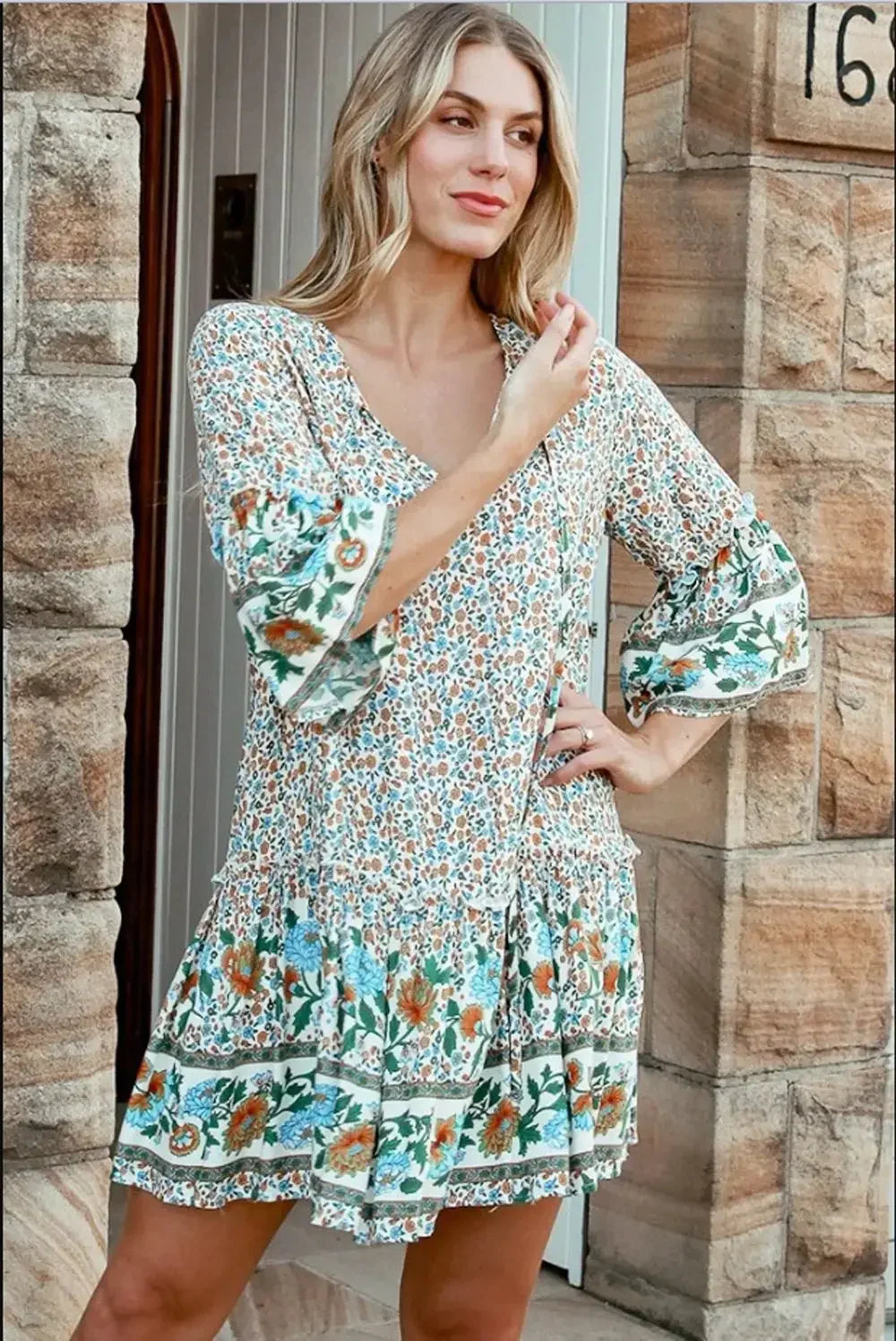 Tie Neck Ruffles Floral Print Rayon Summer Mini Vacation Boho Dress bohodress-250126