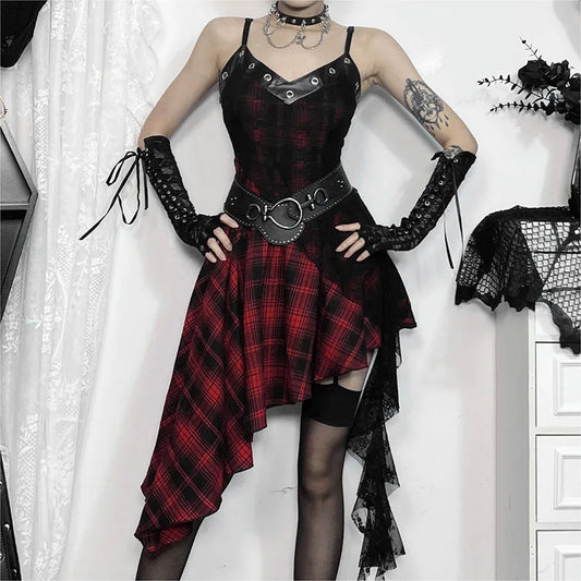 Harajuku Gothic Plaid Y2K 2000S Lace Patchwork Spaghetti Strap Streetwear V-Neck Dress